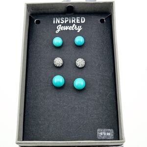 3 Pack Stud Earrings Aqua Blue & Silver Post Southwestern Casual Basic Everyday